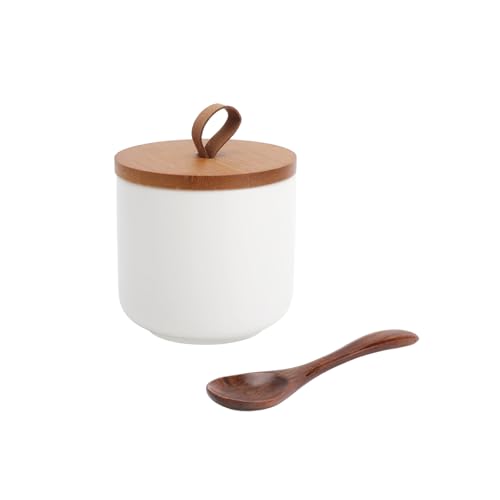 VOSSOT Tarro de cerámica con tapa 260ml – Azucarero pequeño hermético con asa y cuchara – Ideal como bote para matcha, recipiente de café o tarro de azúcar para cocina y regalo