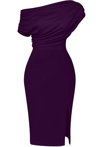 Memoriesea Women's Elegant Off Shoulder Split Hem Bodycon Ruched Midi Club Party Dress Purple