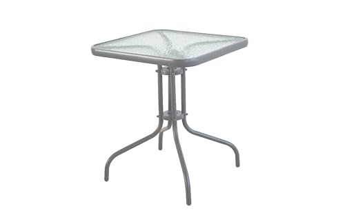 HERSIG - Mesa de Jardin Cuadrada de Acero y Vidrio Templado - Mesa Exterior Gris 60x60x70 CM - Mesas de Terraza y Jardín Cuadradas Resistentes - Mesas para Verano Exterior con Cristal Texturizado