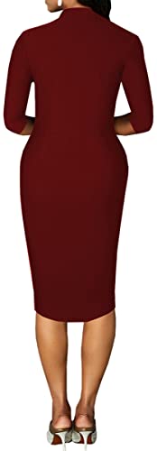 Perzeal Church Dresses For Women 3/4 Sleeve Tie Neck Bodycon Work Pencil Midi Dress(Burgundy Xx-Large) #TOP2