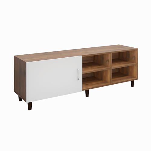 Image of VIKI Modern TV Unit for Living Room | Engineered Wood TV Cabinet with 1 Door Storage & 2 Open Shelves, Entertainment Unit, 140W x 48H x 40D cm | DIY | 1 Year Warranty (Walnut & White)