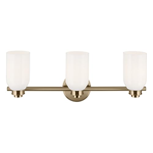 Image of Kichler Shae 3-Light Bathroom Vanity Light, Champagne Bronze | White opal glass vanity light for modern bathroom mirrors (24.25 inch x 9 inch), 55202CPZ