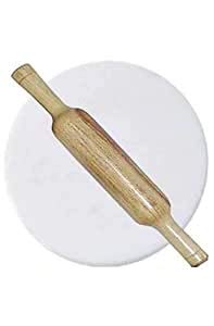JMH and Handicrafts White Makrana Marble Made chakla, roti Maker, polpat, chapati Make with Wooden belan of Size 9inches. (White, 10INCHES)