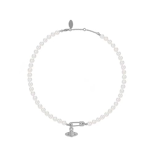 Saturn Necklace for Women White Pearl Pendant Jewelry Pin Diamond Planet Adjustable Necklace for Women Jewelry Gifts Birthday Anniversary（Silvery）