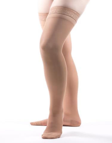 Image of Allegro Women's Thigh High Compression Stockings 15-20 mmHg Support Hose | Lightweight sheer fabric, lace-silicone stay-up band, reciprocated heel and balloon toe for secure hold and everyday comfort