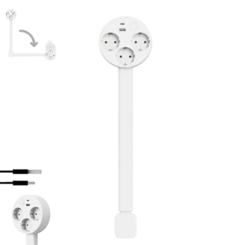 Rallonge Électrique Extensible et Rotative derrière Les Meubles, rotatives à 180°,3 Prises AC + Ports USB-A/USB-C, Longueur Réglable 47-67 cm pour Les espaces étroits et derrière Les Meubles