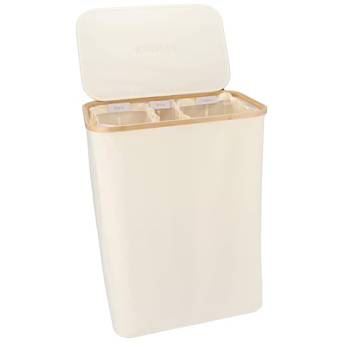 Panier à linge 3 compartiments pliable 160L - Beige – Bac à linge bambou – Panier a linge pliable – Panier rangement buanderie – Bac a linge 3...