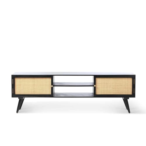 Image of THE WOODEN CITY Rattan Solid Wood Tv Unit | Cabinet for LED LCD | Spiral Carving Cane TV Stand for Living Room and Bedroom | Pure Mango Wood, Natural Matt Finish | Size - 160 x 40 x 50cm