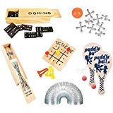 Wish Novelty Classic Games (Set of 6) Fun Party Vintage Games for Kids & Family - Includes Tic-Tac-Toe, 2 Paddleballs, Domino, Jacks, Pick-up Sticks, Coil Spring- Travel Compact Size - Best Retro Gift