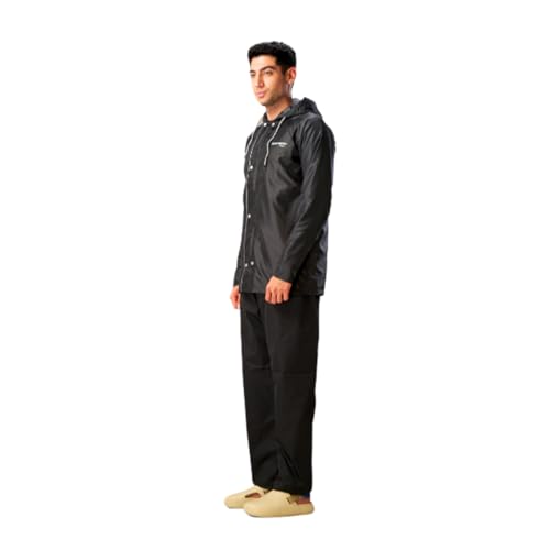 Image of ZEEL Rain Coat For Men with Adjustable Hood, Polyester Waterproof Full Sleeves Raincoat, Top and Bottom Set Rainwear, Front Zip with Flap, Lightweight Raincoat (EWF74, Black, L)