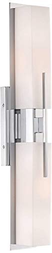 Image of Possini Euro Design Midtown Mid Century Modern Wall Mount Light Chrome Silver Metal 23 1 /2 inch Wide 2-Light Vanity Fixture Rectangular White Glass Shades Decor for Bathroom Over Mirror House Home