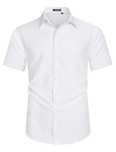 HISDERN Camisa Blanco Oxford Hombre Manga Corta Formales con Bolsillo Camisas Vestir Verano de Trabajo Hombre Ajuste Regular