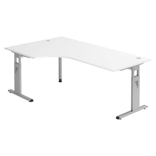 Bümö höhenverstellbarer Eckschreibtisch O-Serie 200x120 cm in weiß, Gestell in Silber - Schreibtisch L Form, großer Tisch für's Büro, Computertisch höhenverstellbar