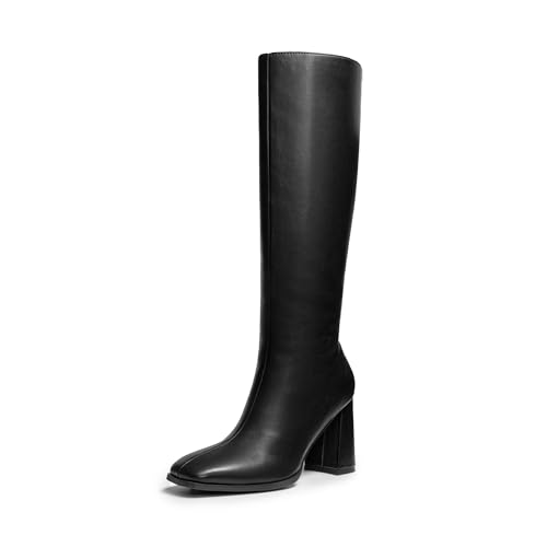 DREAM PAIRS Knee High Boots for Women Square Toe Gogo Chunky Heel with Side Zip