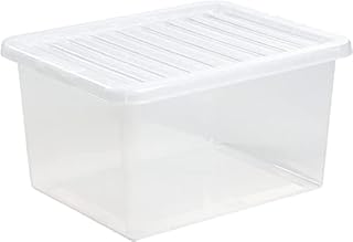 Plastic Storage Boxes Crystal Clear 37L Box & Lid Home Office Stackable Nestable - Pack of 5 (Lid Colour May Vary -Clear/Black)