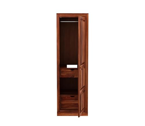 Image of Sheesham Wood Wooden Single Door Wardrobe Organizer for Clothes | - Solid Wood Almirah with 2 Drawers, 2 Shelves with Hanging Space - Cupboard for Large Bedroom, Natural Finish