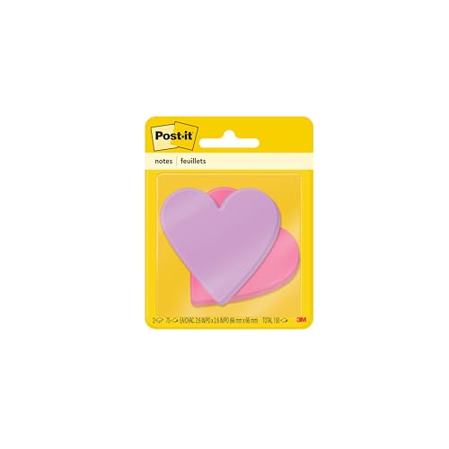 Post-it Notes, Heart Shape, Assorted Colors, 2.6x2.6 in, 2 Pads, 75 Sheets/Pad (7350-HRT)