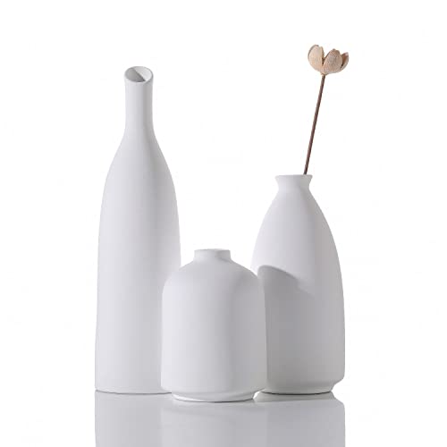 White Ceramic Vase for Decor, Small Flower Vases Set - 3 for Rustic Home Decor, Modern Farmhouse Decor, Living Room Decor, Book Shelf, Mantel and Minimalism Dining Coffee Table Decor