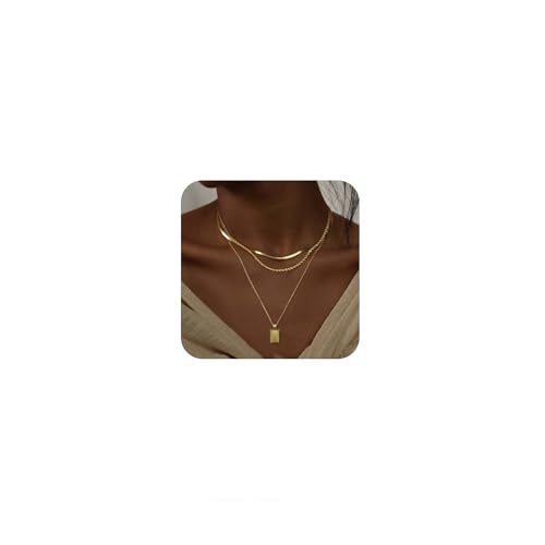 Kyerlyn layered gold necklaces for women，Stackable Simple 14K Gold Plated Chain Necklace Layering Fashion Pendant herringbone Necklaces Trendy gold Jewelry for women trendy Set Gifts