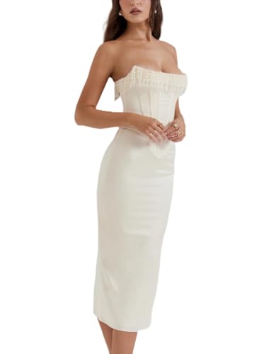Women's Solid Color Sexy Sleeveless Strapless Pearl Fishbone Split Long Evening Gown Wedding Dresses