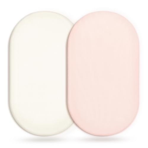 Image of GRSSDER Stretchy Ultra Soft Fitted Bassinet Sheet 2 Pack, Universal Fit for Bassinets Baby Cradle Moses Basket Oval Rectangle Mattress Safe and Snug, Jersey Bassinet Sheets for Girls, Cream/Pink
