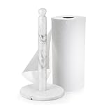 Flexzion Marble Paper Towel Holder 12 inch (White) - Kitchen Countertop Paper Towel Holder Stand Rack with Roll Dispenser Pole and Weighted Marble Base for Tables Home Dining Bathroom Storage
