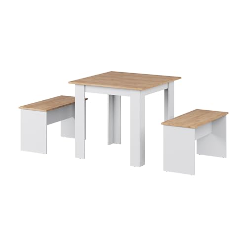 Vicco Set de Table à Manger Sentio, Chêne doré/Blanc, 80x80cm avec 2 bancs, Peu encombrant pour Coin Repas et Espace Petit-déjeuner