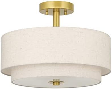 XiNBEi Lighting 3 Light Semi Flush Mount Light, Close to Ceiling Light Fixture with Fabric Shade Retro Gold Brass 16 inch Semi Flush Drum Light for Bedroom, Living Room & Kitchen XB-SF1289-GB