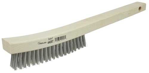 Image of Weiler 44057 0.012 inch Wire Size, 6 inch Brush Length, 14 inch X 1-1 /8 inch Block Size, 4 X 18 No. of Rows, 302 Stainless Steel Bristles, Hardwood Block, Curved Handle Scratch Brush, Made in The USA (Pack of 12)