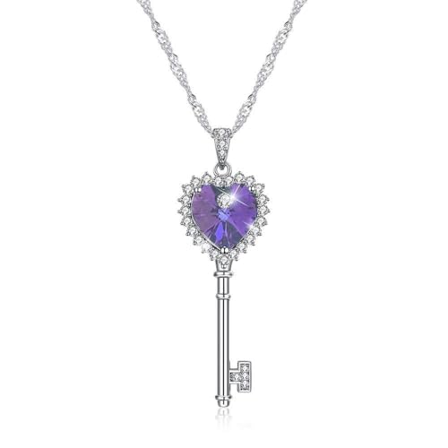 Collier clé en cœur argent 925 anti-ternissement et cristaux bleus