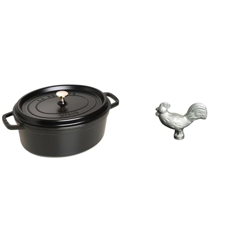 Staub Cast Iron Roaster/Cocotte, Oval 37 cm, 8 L, Black & 40509-346-0 Rooster Lid Knob, Cast Iron, Silver