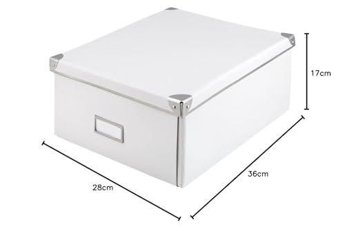 Idena 10519 - Aufbewahrungsbox aus festem Karton, Deckel mit verstärkten Kanten aus Metall, Allzweck-Box in Weiß inklusive Beschriftungsfeld, für Ordnung im Haushalt, Büro und Arbeitszimme