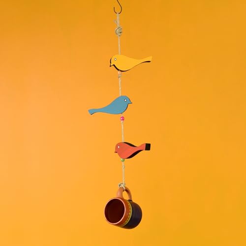 Image of Aakriti Art Creations Hanging Bird Feeder | Blue Teracotta Cup with Metal Bird Motifs | Decorative Outdoor & Indoor Bird Feeders, Garden Decor, Home Decor, Handcrafted Wind Chime, Feng Shui