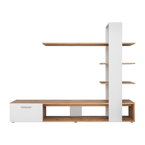 Meublorama Mobile Porta TV con libreria e scaffali integrati, Collezione Cleo. Colori Bianco e Rovere.