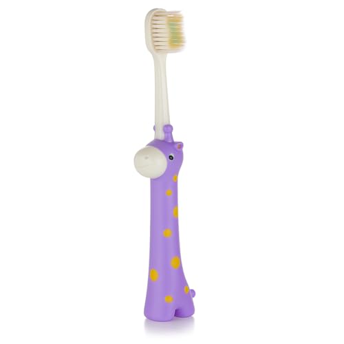 Image of BeeBaby Brush Buddy Baby Toothbrush for Kids 3-6 Years, Ultra Soft Tapered Bristles Toddler Toothbrush for Milk & Permanent Teeth, BPA Free Easy Grip Toothbrush for Sensitive Gums - Violet Giraffe