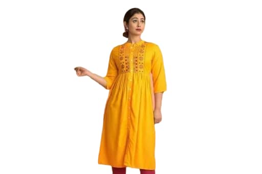 Raj Fashion Women's 3/4th Sleeves Rayon Solid Button Detailing Round Neck Printed Maxi Length Gown Yellow-picture-14