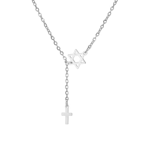 EUEAVAN Star Of David Cross Necklace for Women Six-Pointed Hexagram Jewish Star Pendant Christ Cross Christian Religious Jewelry Israel Hanukkah Gift (silver 2)