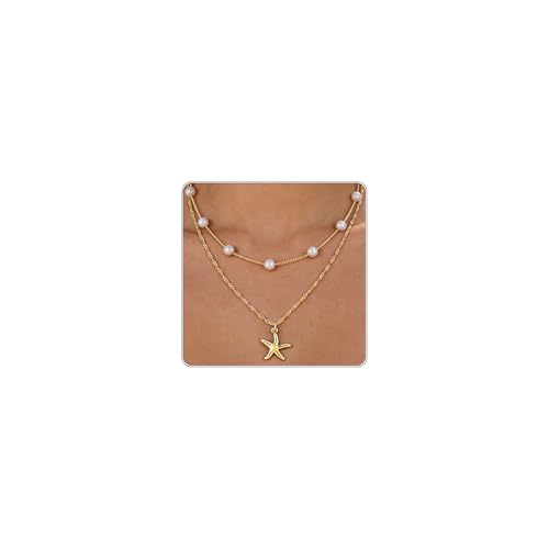 Beach Layered Starfish Necklace for Women 14K Gold Plated Shell Conch Seashell & Pearl Charm Pendant Dainty Coastal Summer Vacation Jewelry