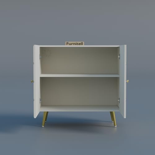 Image of Modern Wooden Storage Cabinet with 2 Doors | Geometric Design Sideboard /Cupboard for Living Room | Multipurpose Organizer for Bedroom & Entryway | HDMR Premium Wood | Gold Metal Legs(White)
