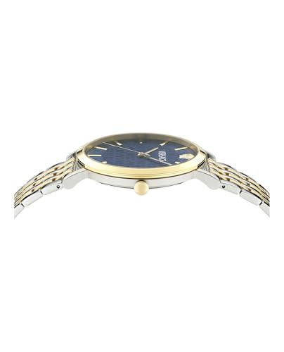 Versace Greca Slim Collection Luxury Mens Watch Timepieces with a Two Tone Bracelet and Case Featuring a Blue Dial2