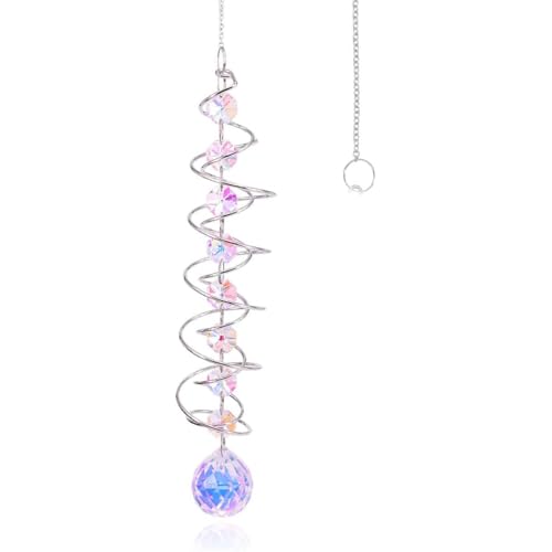Crystal Rainbow Spiral Wind Spinner, Hanging Suncatcher with Prism Ball, Metal Spiral Chain (AB)