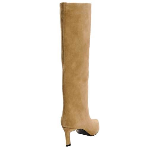 YIYA Women's Camel Suede Wide Calf Knee High Boots for Fall Pointed Toe Stiletto Kitten High Heels Stylish Party Dress Long Pull On Boots4