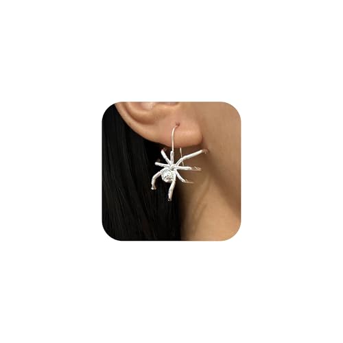 18K Gold Plated Spider Earrings Women Rhinestone Tassel Circle Dangle Earrings Statement Insect Jewelry Halloween Hip Hop Punk Party Cosplay Costumes Accessories (Silver Spider)