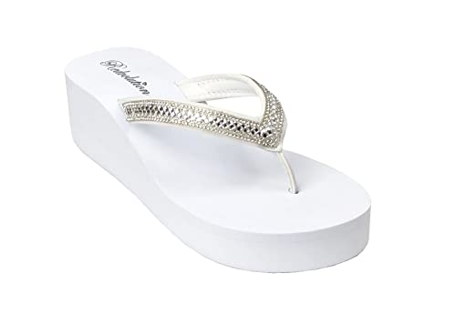 Redvolution New Women's Rhinestone Sandals Platform T-Strap Jewel Sandals High Wedge Flip Flops (8, Gem [White]) #TOP2