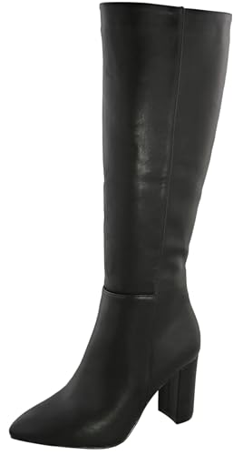 TruFox Womens Tall Faux Leather Knee High Block Heel Black Dress Boots, Black PU, 9