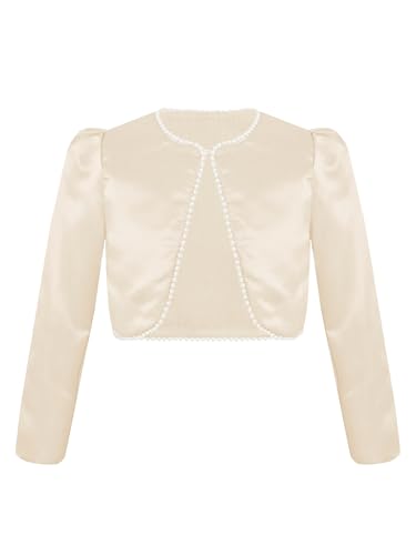 Jelory Kids Girls Long Sleeves Satin Short Cardigan Bolero Jacket Faux Pearls Trim Shrug Flower Girl Dress Cover Up