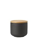 Stelton Teebecher Theo - Trinkbecher für Tee, Kaffee & heiße Schokolade - Steinzeug, gusseiserne Außenseite, glasierte Innenseite - Deckel aus nachhaltigem Bambusholz - Schwarz & Braun, 0,2 Liter