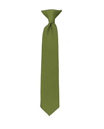 NYFASHION101 Boys' Kids' Children's Smooth Satin Solid Clip On Tie, Olive Green, 14