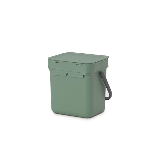 Brabantia Sort & Go Waste Caddy 0.8 Gallons (Fir Green) Space-Efficient Recycling Pail with Handle, Removable and Stay-Open Lid, Easy to Clean Kitchen Compost Caddy Without Nooks and Rims