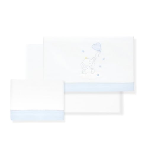 Interbaby Next to Me - Juego de sábanas de 3 piezas para cochecito de bebé, 50 x 80 cm, diseño de elefante, color blanco y celeste